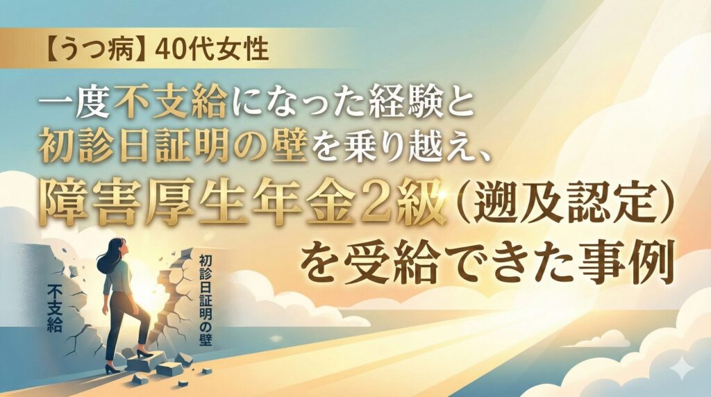 【うつ病】40代女性｜一度不支給になった経験と初診日証明の壁を乗り越え、障害厚生年金2級（遡及認定）を受給できた事例_case-mental-illness-004