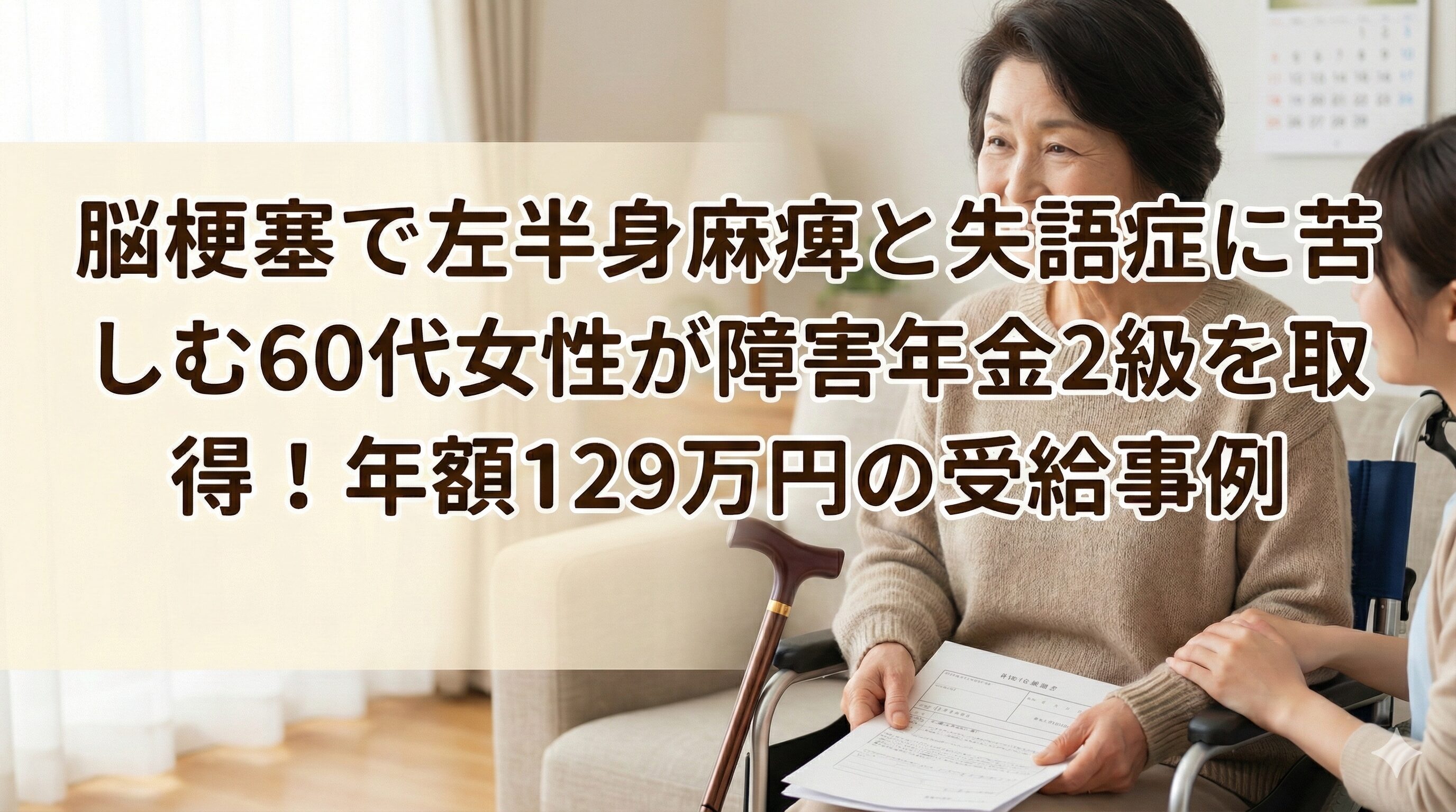 脳梗塞で左半身麻痺と失語症に苦しむ60代女性が障害年金2級を取得!年額129万円の受給事例