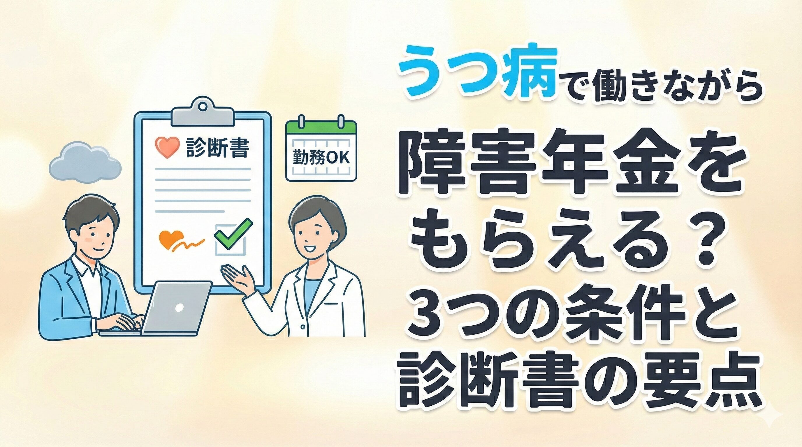 うつ病で働きながら障害年金をもらえる？3つの条件と診断書の要点