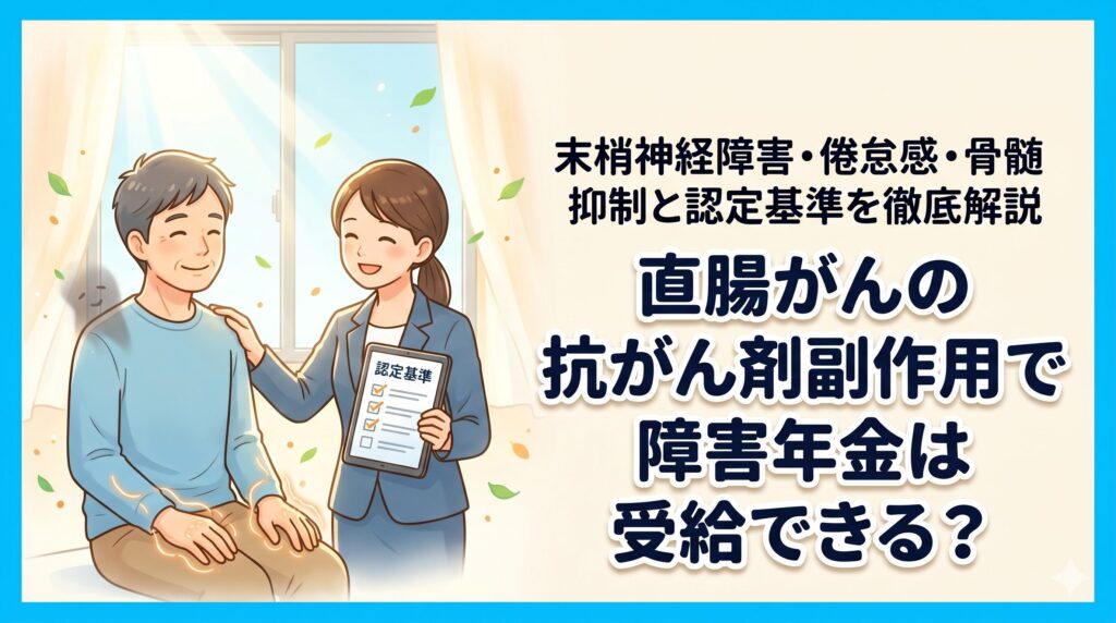 直腸がんの抗がん剤副作用で障害年金は受給できる？末梢神経障害・倦怠感・骨髄抑制と認定基準を徹底解説
